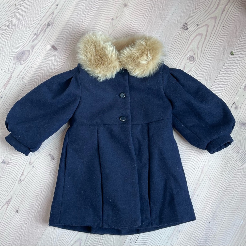 Janie and Jack Girls’ 18-24 Faux Fur Collar Navy Coat